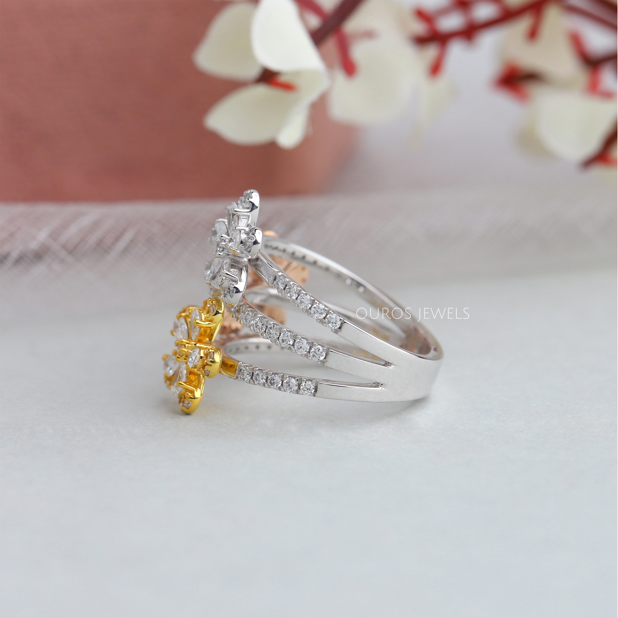 Three Flower Diamond Bridal Ring Gold
