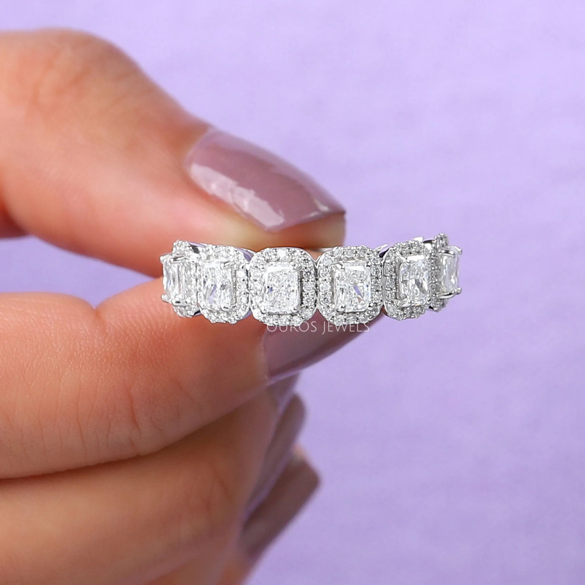 Radiant Cut Halo Half Eternity Wedding Band Rings
