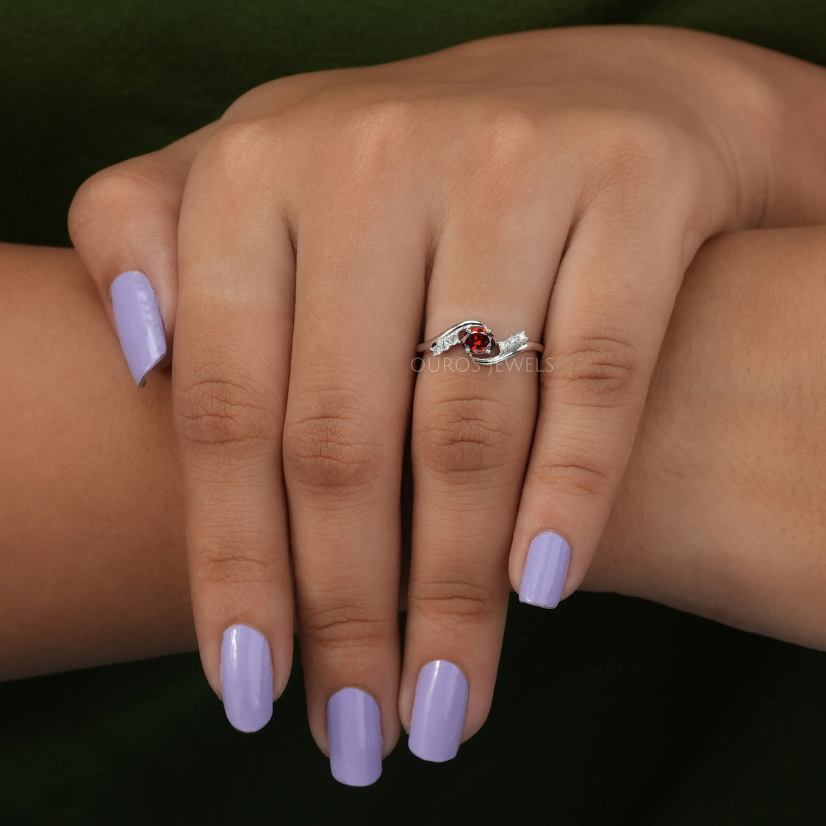 Red Oval Diamond Bypass Dainty Ring