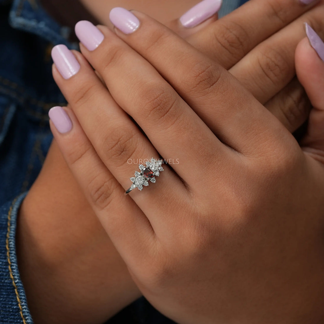 Red Oval Cut Cluster Diamond Dainty Ring