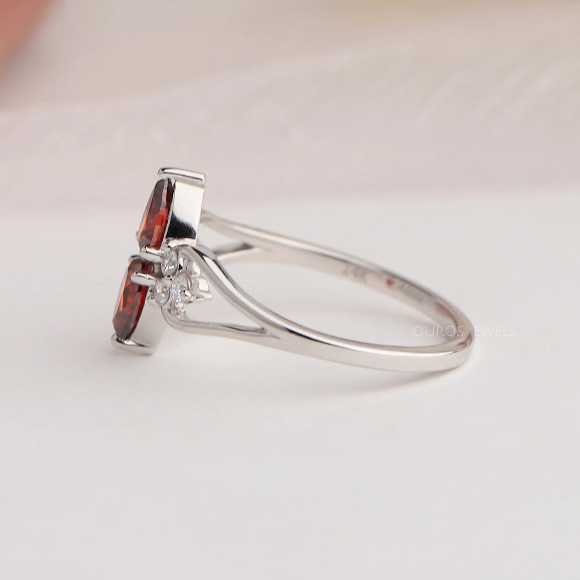 Two Stone Red Pear Diamond Dainty Ring