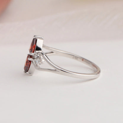 Two Stone Red Pear Diamond Dainty Ring