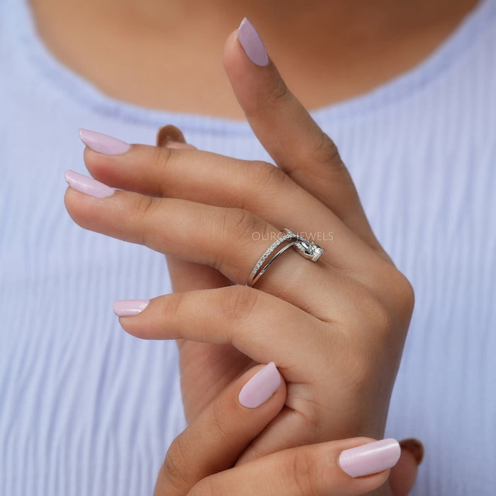 In Finger Side View Of  Curved Shape Lab Diamond Wedding Ring