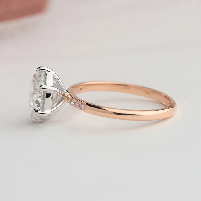 side view of rose-cut round diamond solitaire accent ring with rose gold band