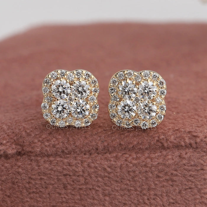 [Front View of Round Flower Shape Halo Stud Earrings for Women]-[Ouros Jewels]