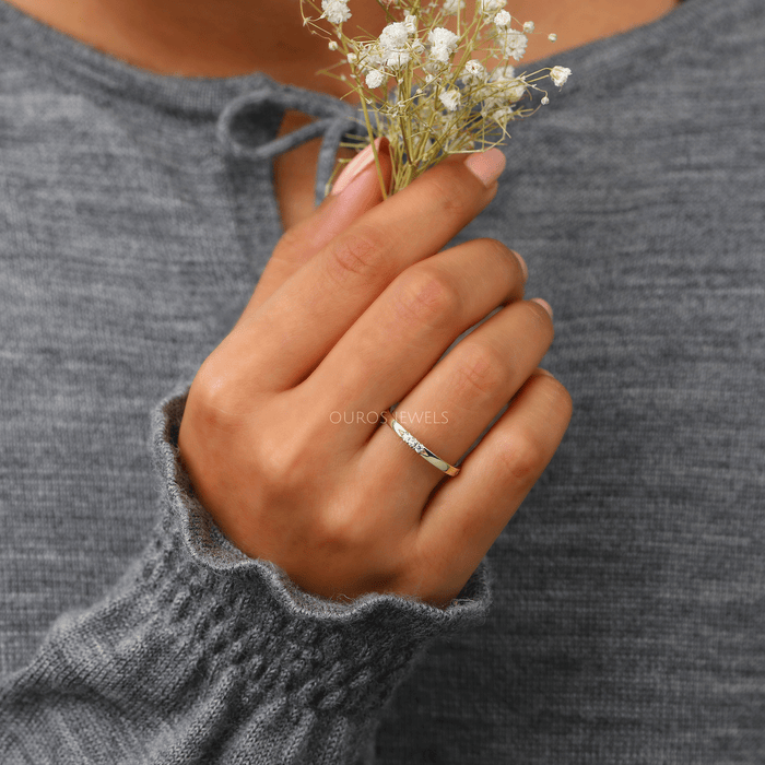 In Finger View Of 3 Stone Round Cut Diamond Dainty Wedding Ring