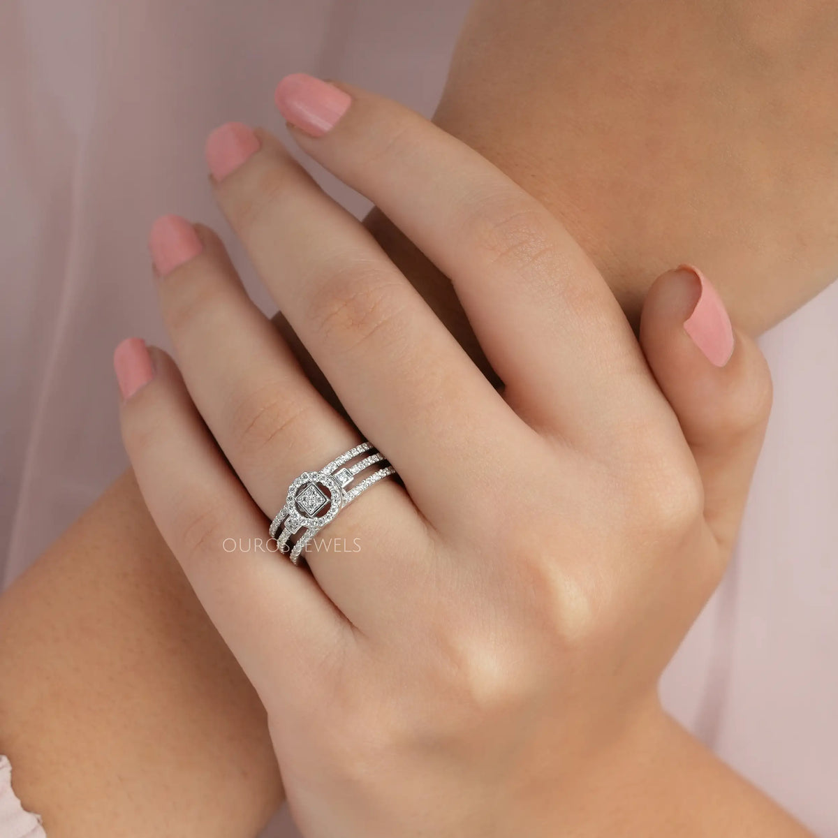 Round Cluster Diamond Triple Shank Halo Ring